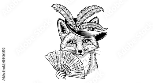 Elegant Fox Illustration: A sophisticated fox, adorned with a feathered hat and holding a delicate fan, embodies timeless elegance and charm, offering a touch of whimsical fancy.