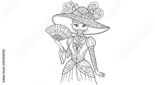 Coloring Page Lady: A victorian dressed lady wearing a decorated hat and holding a fan, rendered in a detailed line art style for use as an adult coloring page