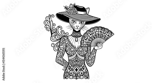 Elegant Cat in Vintage Attire: A sophisticated cat, adorned in a stylish hat and intricate dress, gracefully holds a fan, portraying a classic vintage aesthetic with a touch of fantasy.