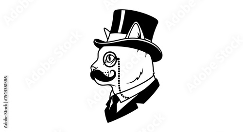 Gentleman Cat: A sophisticated feline, rendered in elegant black and white, sports a top hat, monocle, and mustache, exuding old-world charm and whimsical style.