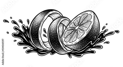 Sliced Citrus in Juice: A striking illustration of citrus fruit sliced to reveal the inner segments, set amidst a dynamic splash of juice, bringing a refreshing vibe.