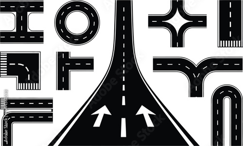 Black and white vector illustration of various road elements and roadways for transportation designs