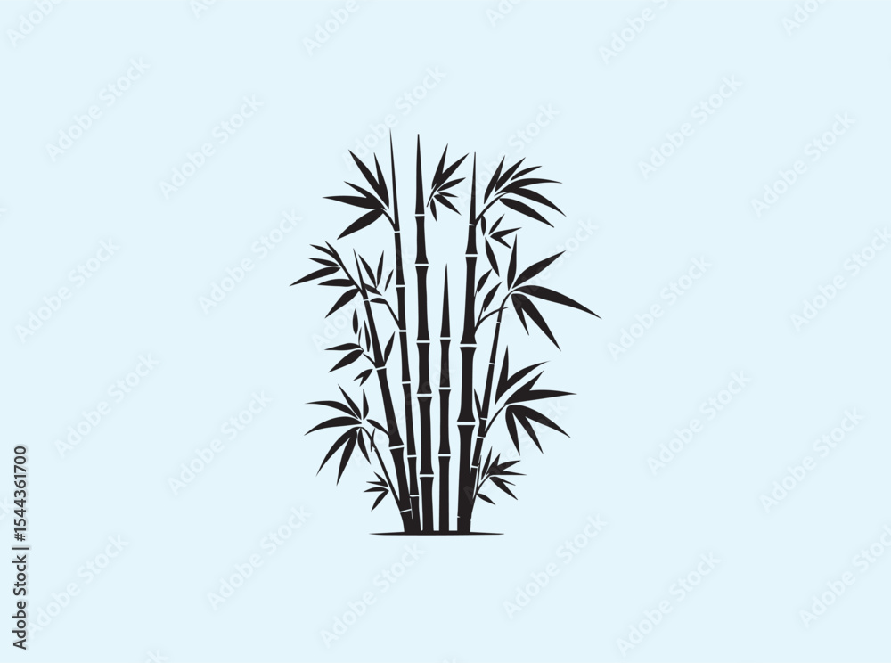 Naklejka premium Monochrome illustration of bamboo stems and leaves in black, arranged at different vertical levels, isolated on a white background for clean use