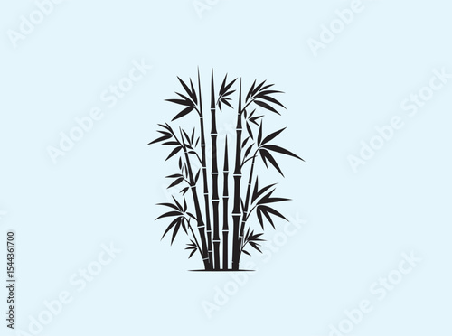 Monochrome illustration of bamboo stems and leaves in black, arranged at different vertical levels, isolated on a white background for clean use