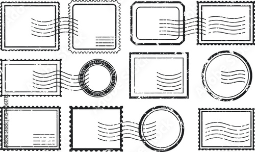 Grunge style postage stamp vector collection of diverse shapes and postal markings