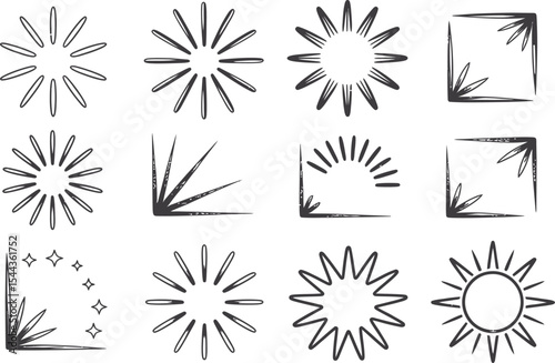 Collection of hand drawn sunburst sun ray burst frames and decorative corner elements