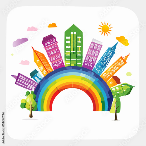 rainbow eco town - modern abstract ecology town illustration