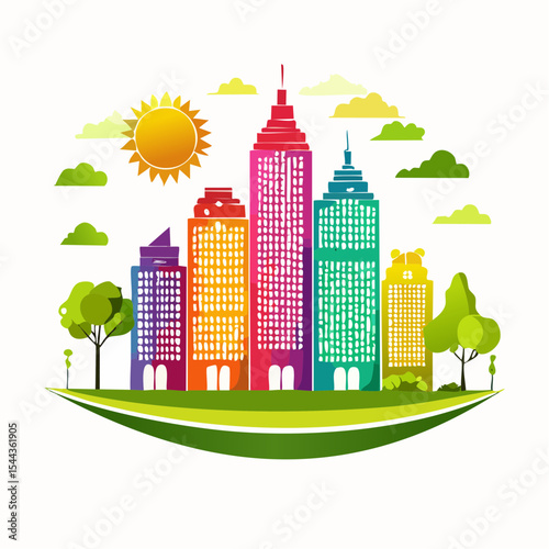 rainbow eco town - modern abstract ecology town illustration