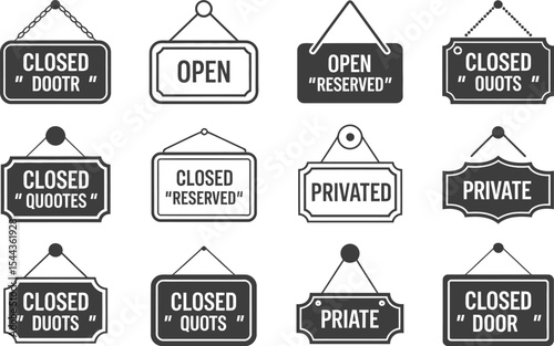 Vector illustration of a collection of open closed and private signs with humorous text.