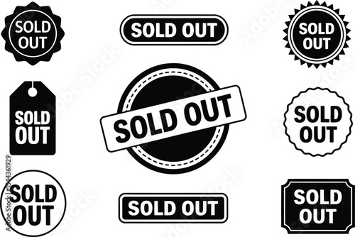 Collection of various monochrome sold out stamps and badges for promotional design concepts
