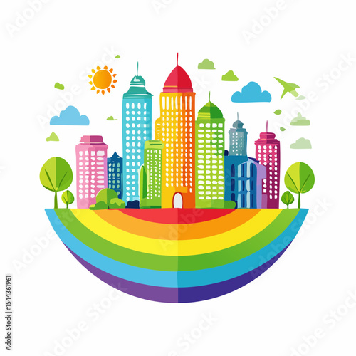 rainbow eco town - modern abstract ecology town illustration