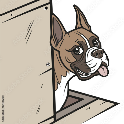  Illustration of a pet dog looking through a door with interest, showing companionship, care, and watchfulness