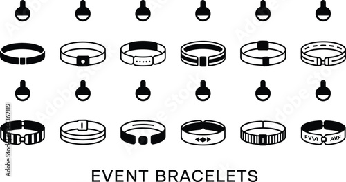 Vector illustration of various event wristbands in a simple black and white design.