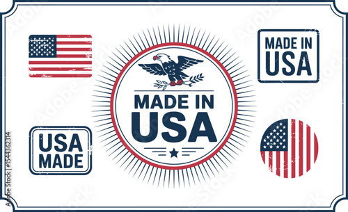 Various american patriotic symbols and seals displaying made in usa graphics