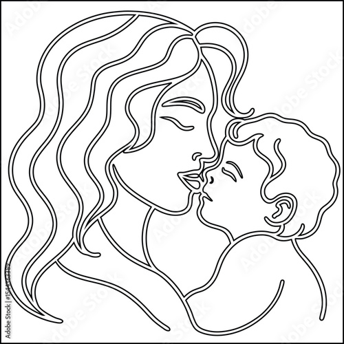 Single line drawing of a loving mother and child
