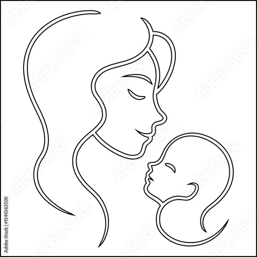 Single line drawing of a mother gently holding child