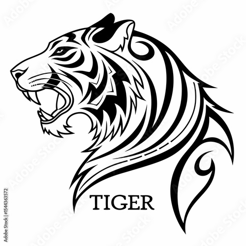 A striking black and white vector illustration showcases the head of a roaring tiger, presented in profile, facing left. The tiger's mouth is open, revealing sharp teeth and a detailed tongue. Its eye
