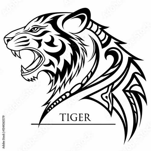 A striking black and white vector illustration showcases the head of a roaring tiger, presented in profile, facing left. The tiger's mouth is open, revealing sharp teeth and a detailed tongue. Its eye