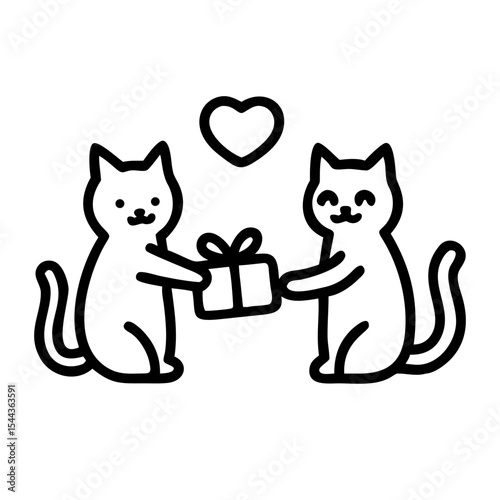 Adorable Cats Exchanging Gifts A Sweet Valentine's Day Illustration, vector line art silhouette illustration