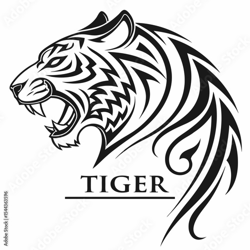 A striking black and white vector illustration showcases the head of a roaring tiger, presented in profile, facing left. The tiger's mouth is open, revealing sharp teeth and a detailed tongue. Its eye