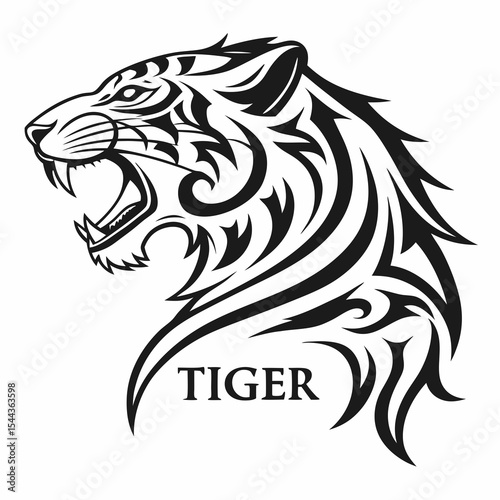 Wallpaper Mural A striking black and white vector illustration showcases the head of a roaring tiger, presented in profile, facing left. The tiger's mouth is open, revealing sharp teeth and a detailed tongue. Its eye Torontodigital.ca