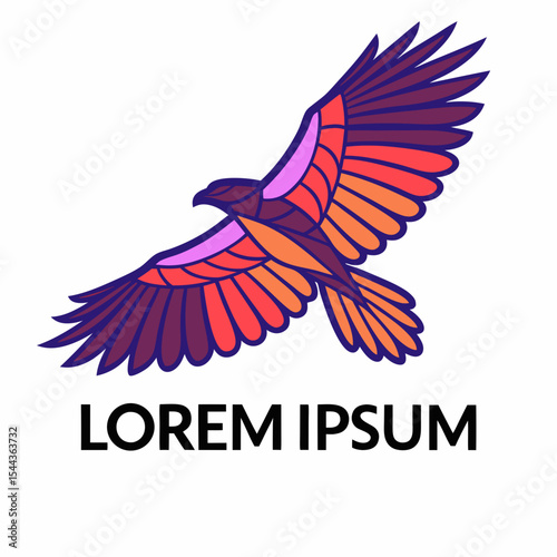 A stylized logo features a raven in mid-flight, positioned centrally and angled slightly upwards. The raven's body is a deep purple, with a white patch on its chest. Its wings are spread wide, showcas