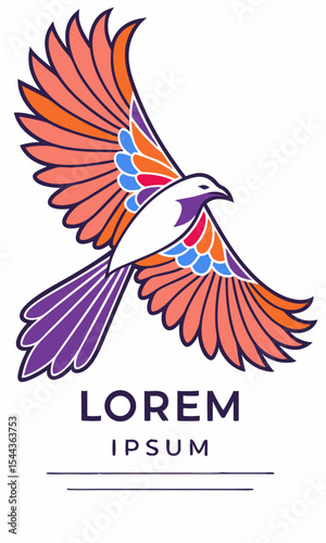 A stylized logo features a raven in mid-flight, positioned centrally and angled slightly upwards. The raven's body is a deep purple, with a white patch on its chest. Its wings are spread wide, showcas
