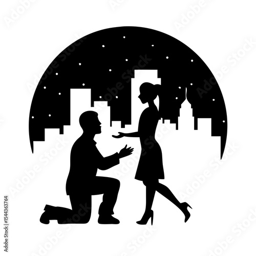 Romantic Cityscape Silhouette Man Proposing to Woman at Night, vector silhouette illustration