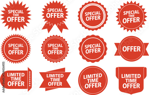 A collection of red special offer and limited time offer badges and labels for promotions