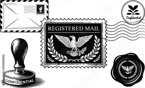 Vintage style registered mail and confidential elements featuring stamps envelopes and seals