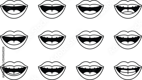 Collection of outline mouth illustrations showcasing various smiling expressions and teeth details