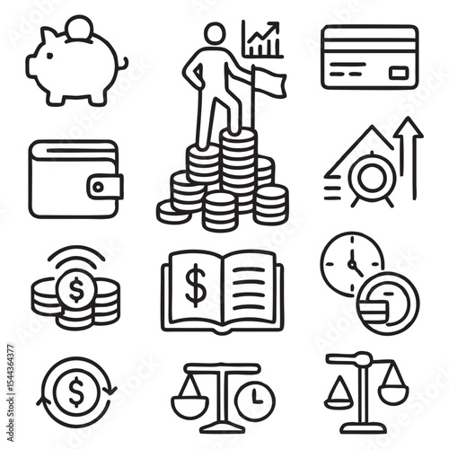 Black and White Vector Icons of Financial Freedom and Personal Finance Concepts – Minimal Outline Style