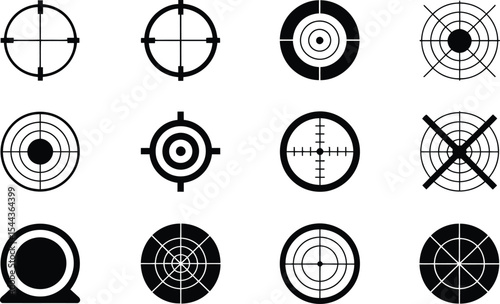 A collection of black and white target reticle icons for aiming and precision illustrations