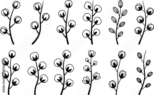 Elegant black and white vector illustrations of cotton plant branches in various stylized designs