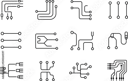 Collection of minimalist electronic circuit designs featuring various technological component illustrations