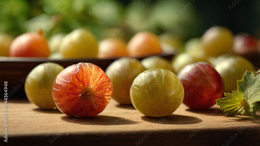 Fototapeta premium Macro Detail of Translucent Gooseberries on Wooden Table with Natural Warm LightingMacro Detail of Translucent Gooseberries on Wooden Table with Natural Warm Lighting