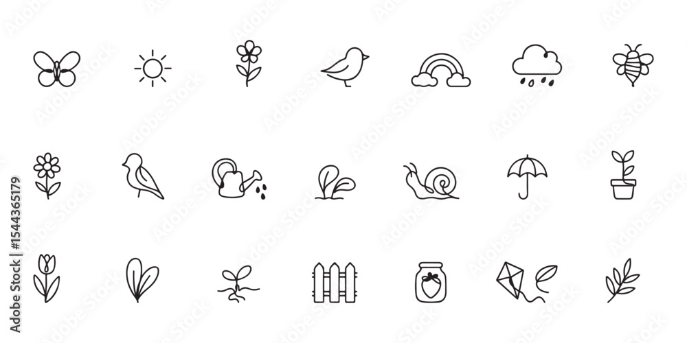 Fototapeta premium Single Line Spring Icons Set – Minimalist Seasonal Vector Silhouettes