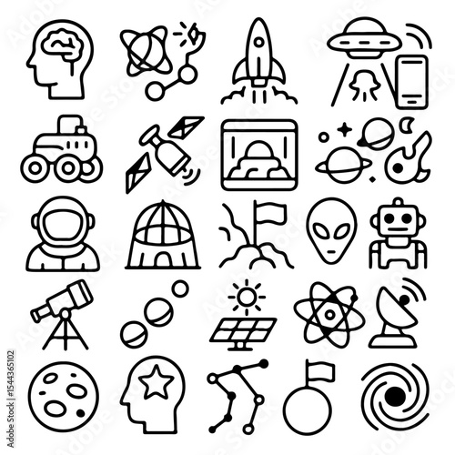 Collection of cosmos and space icons including alien, rocket, planet, and telescope