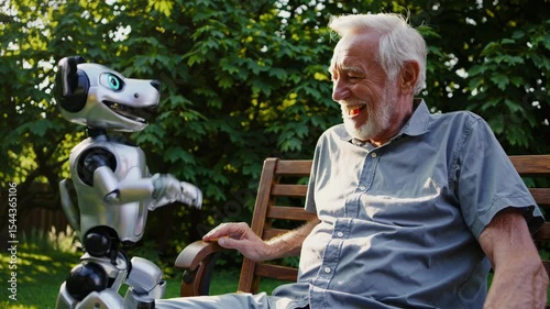 An elderly man plays with a robot dog in the garden. Friendship, care and technology in one frame. AI generated.