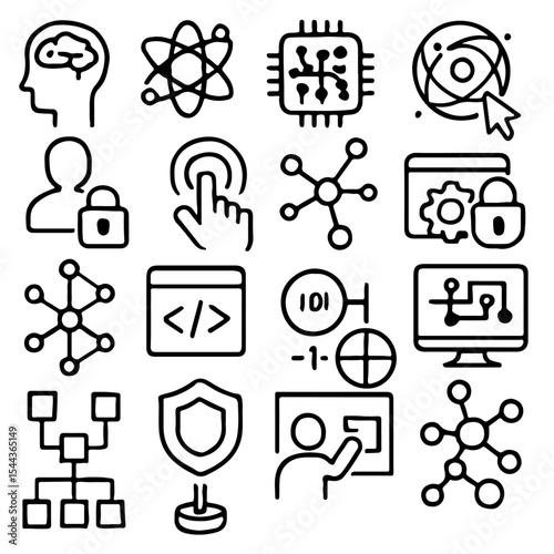 A collection of sixteen modern icons related to technology, science, and innovation in a simple line style. The icons represent concepts of digital development, interconnected data, and security 