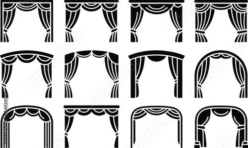 Collection of decorative black and white curtain silhouettes for stage theaters and interior design concepts