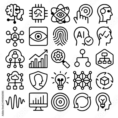 Collection of line icons related to artificial intelligence, data analysis, and network technology.
