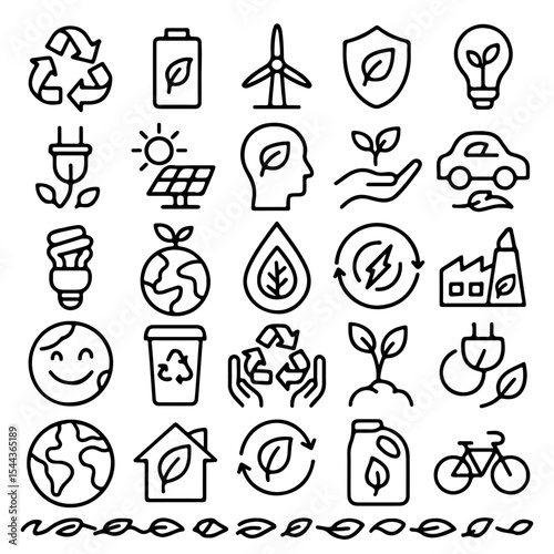 A collection of eco-friendly symbols and icons promoting environmental awareness and sustainability. This visual resource emphasizes themes of recycling, renewable energy, and eco-consciousness