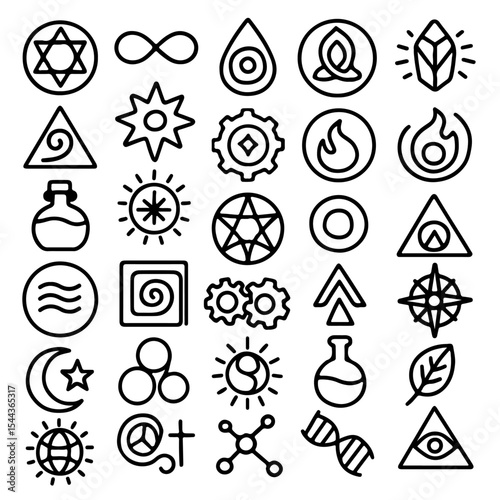 A collection of various mystical and symbolic icons, set against a clean backdrop