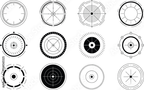 Collection of black and white circular vector icons featuring crosshairs and target symbols