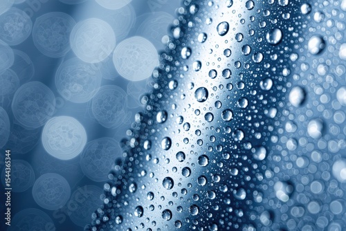Close-up of water droplets on a smooth, reflective surface with a blurred blue background featuring circular bokeh effects.