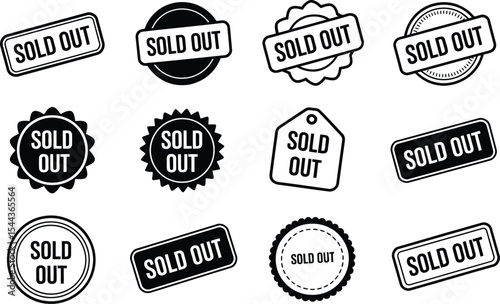 Diverse assortment of black and white sold out badges and labels for sales and marketing.