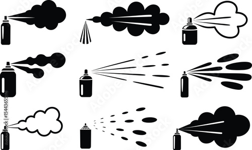 Set of black and white spray can silhouettes depicting different aerosol spray effects