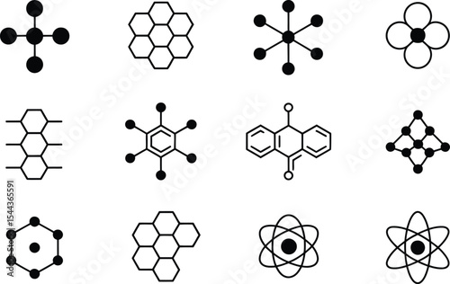 Minimalist scientific illustrations depicting various molecular structures and atom models in black and white