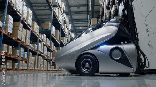 Robotic arm scans boxes in warehouse, data is displayed, logistics automation. High-tech efficiency. AI generated.